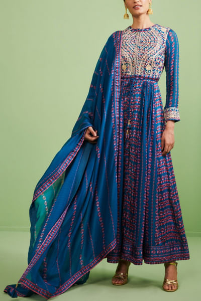 Teal blue embroidered kurta set