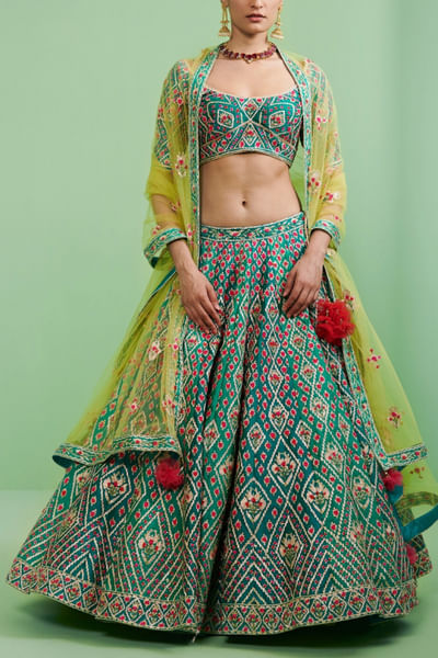 Teal embroidered lehenga set