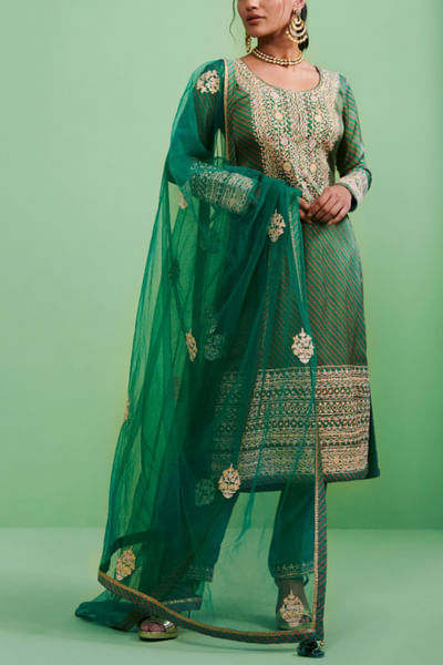 Green embroidered kurta set