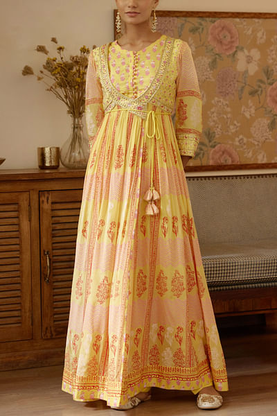 Yellow block printed angrakha set