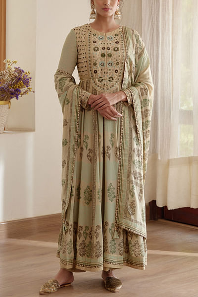 Green block printed anarkali set