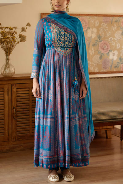 Shyam Narayan Prasad Royal blue printed anarkali set SNPSEP2203
