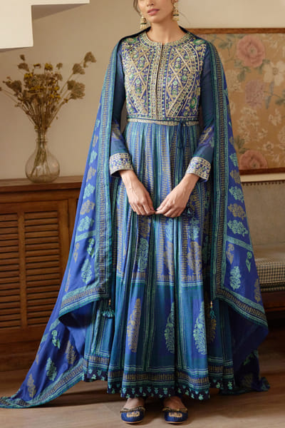 Shyam Narayan Prasad Royal blue printed anarkali set SNPSEP2204
