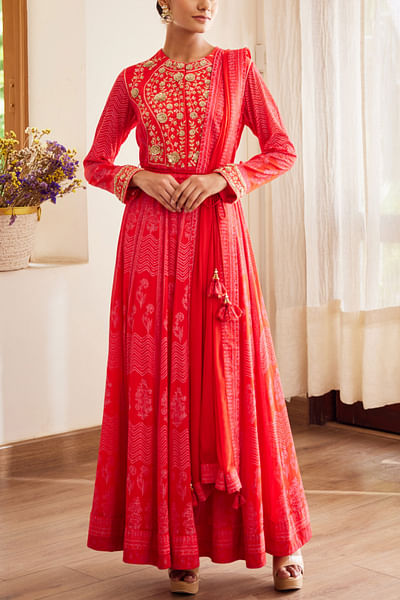 Red printed anarkali set