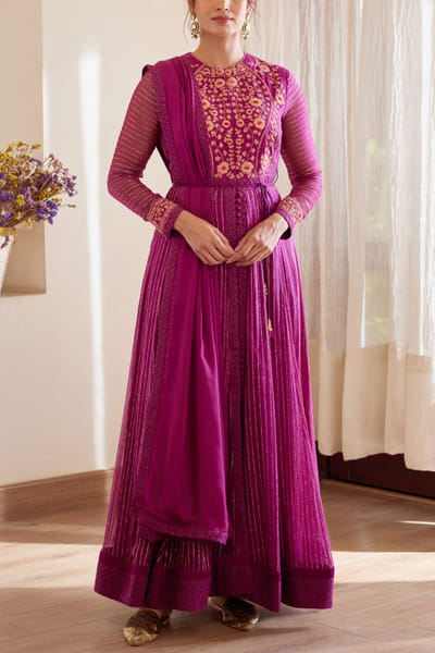 Shyam Narayan Prasad Wine jacquard anarkali set SNPSEP2206