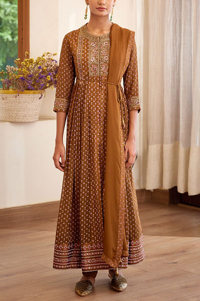 Brown block printed anarkali set