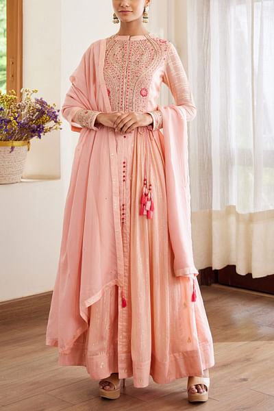 Pink silk brocade anarkali set