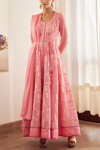 Pink thread embroidered anarkali set