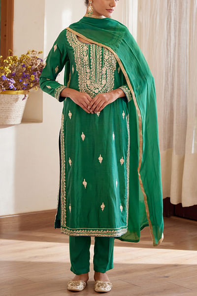 Bottle green chanderi kurta set