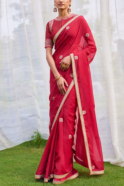 Maroon chiffon sari set
