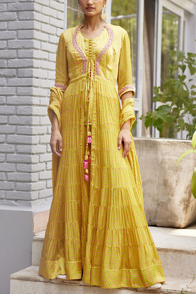 Yellow embroidered angrakha set