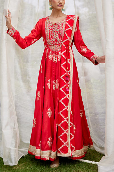 Red embroidered anarkali set