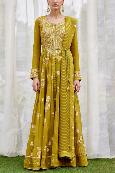 Green embroidered anarkali set