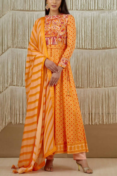 Bright orange printed anarkali set