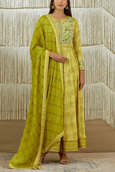 Shyam Narayan Prasad Mustard green printed anarkali set SNPSNP1931