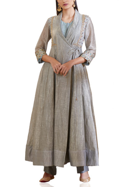 Blue grey embroidered angrakha set
