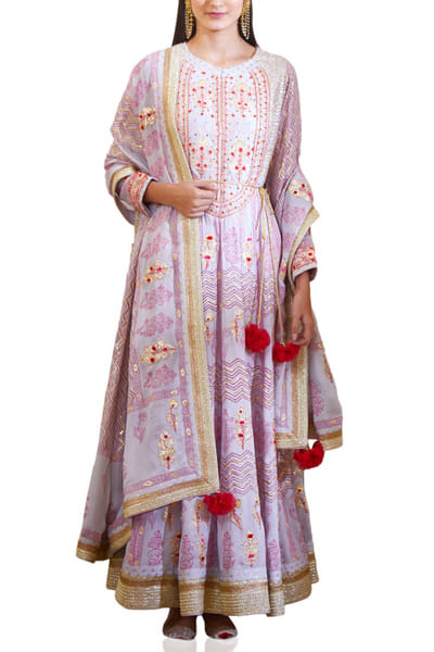 Mauve block printed anarkali set