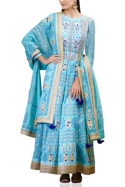 Blue block printed anarkali set