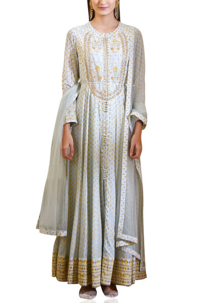 Sage green block print anarkali set