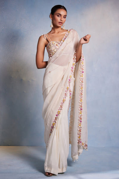 Off white aari embroidered sari set