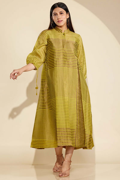 Yellow stripe woven pleated dress