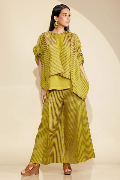 Yellow stripe woven asymmetric jacket set