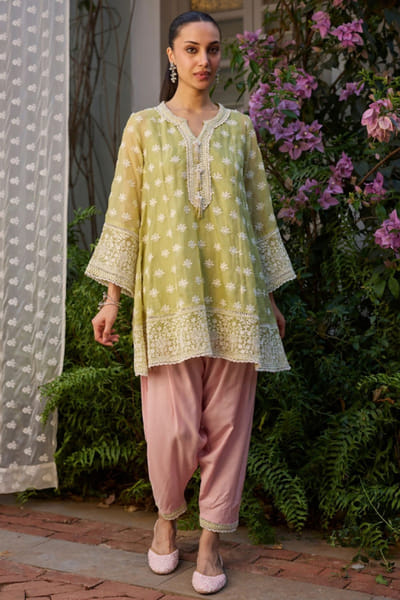Mulmul Lime embroidery organza kurta set MULMJUL26D250758