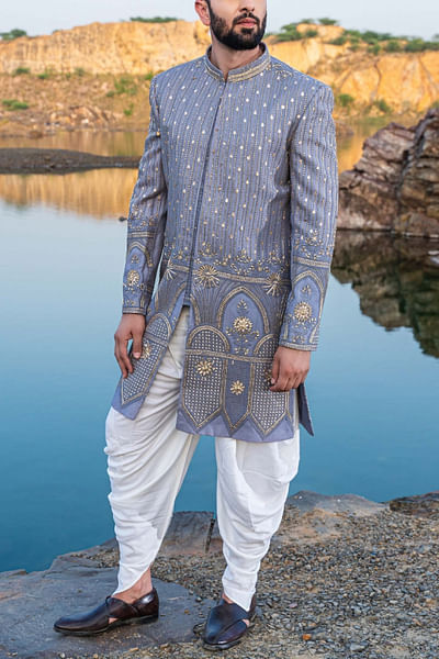 Blue embroidered sherwani set