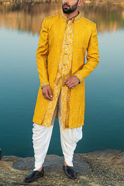 Yellow embroidered sherwani set