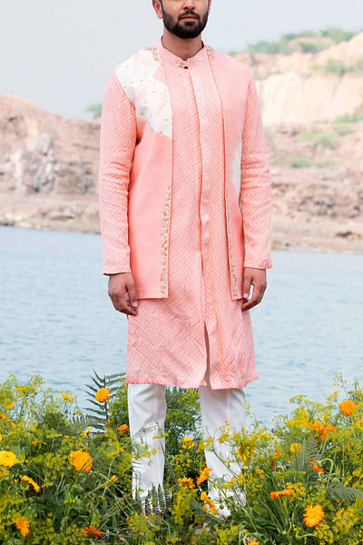 Pink embroidered waistcoat and kurta set