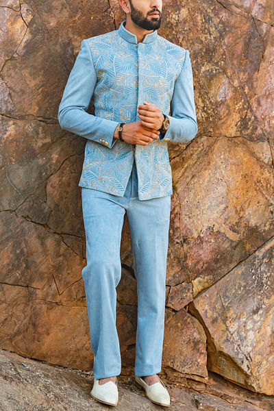 Sky blue embroidered bandhgala set