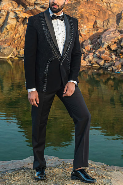 Black embroidered tuxedo set