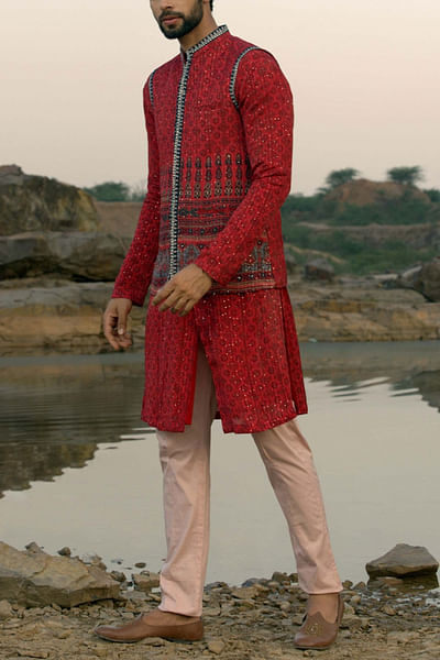 Red embroidered jacket and kurta set