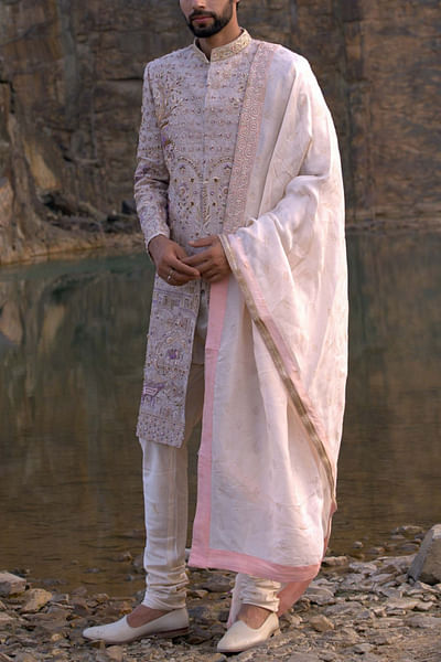 Beige embroidered sherwani set