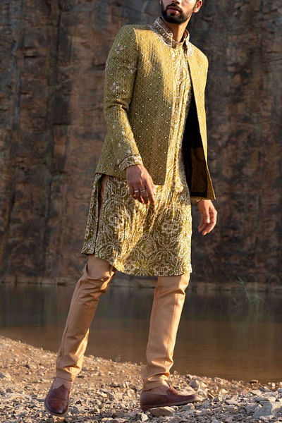 Mint bandhani kurta and bandhgala set