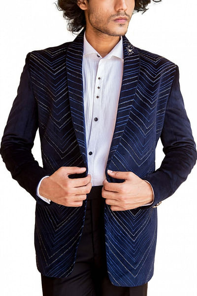 Blue embellished tuxedo set
