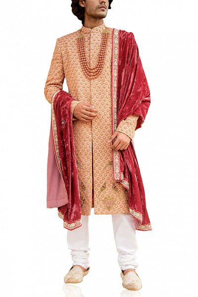 Peach embroidered sherwani set