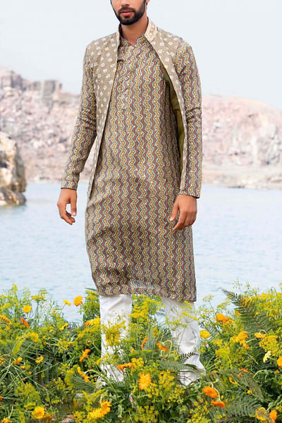 Pista green bandhani kurta and jacket