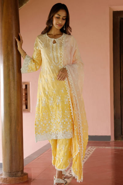 Yellow ombre floral embroidered kurta set
