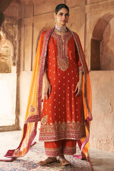 Burnt orange tilla embroidered long kurta set