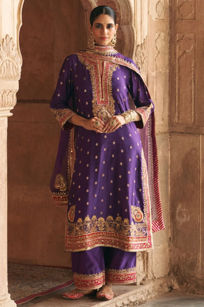 Deep purple gota embroidered long kurta set