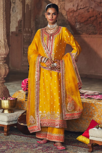 Mustard gota embroidered long kurta set