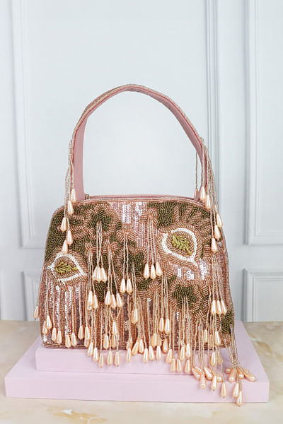 Pink bead embellished handbag