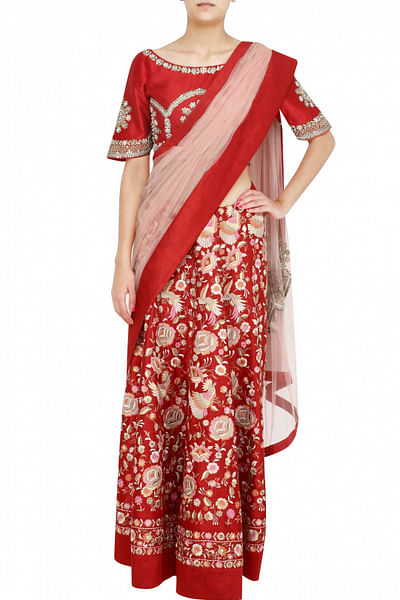 Red parsi work sari