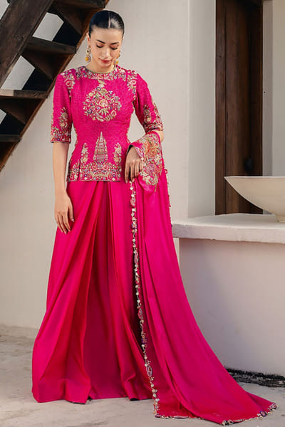 Aneeka Ruknuddin Hot pink embroidered drape sari set ANEEAUG26D152560