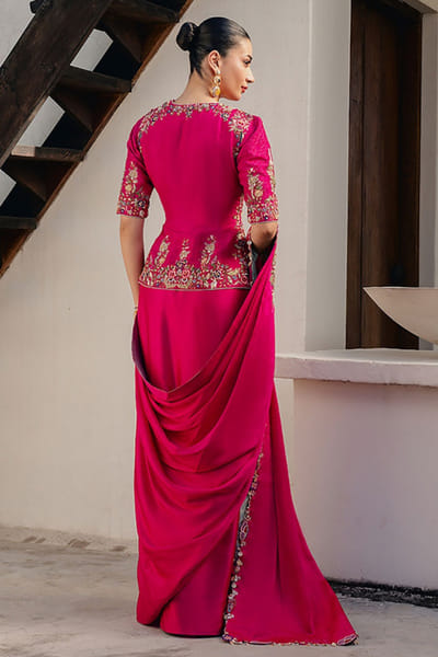 Aneeka Ruknuddin Hot pink embroidered drape sari set ANEEAUG26D152560