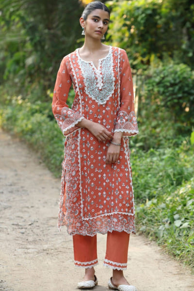Terracotta floral embroidery kurta set