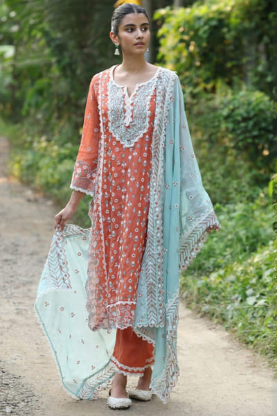 Terracotta floral embroidered kurta set
