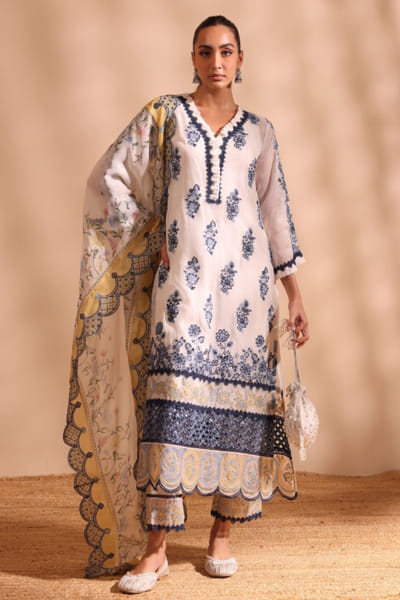 White floral embroidered kurta set