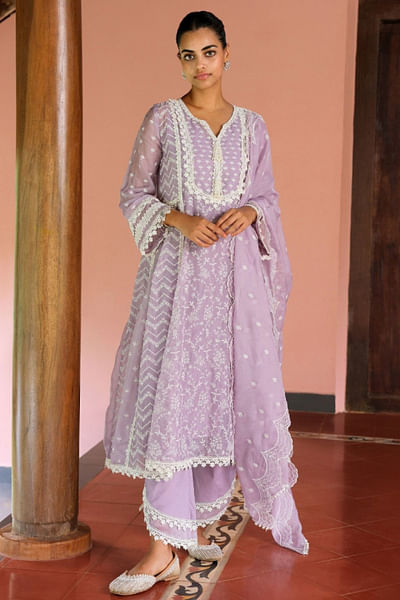 Lavender floral embroidered anarkali kurta set